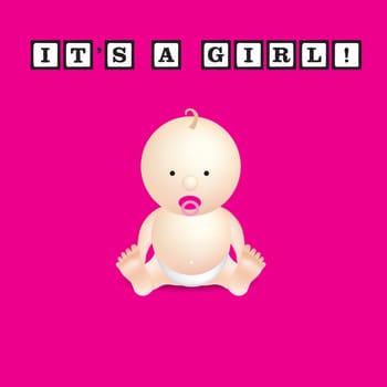 illustration of a baby newborn girl on a pink background.