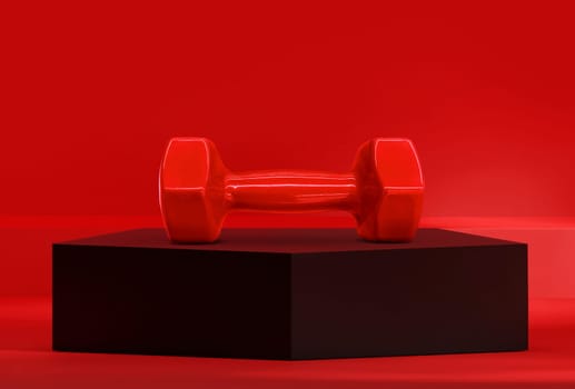 Dumbbells on black pentagon podium in the red studio