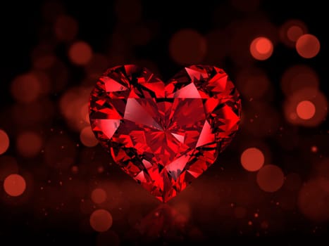 Red heart shaped diamond on red abstract bokeh background. 3d render