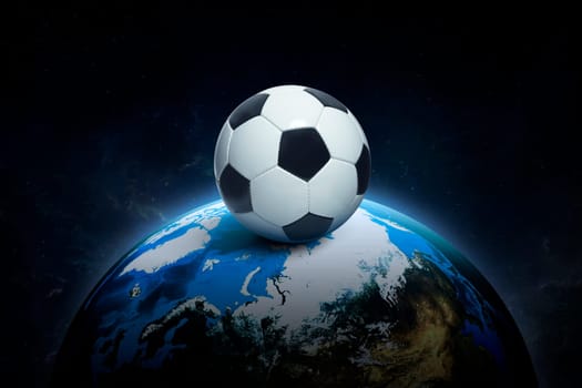 Soccer ball on, night world in outer space abstract wallpaper. 3d render