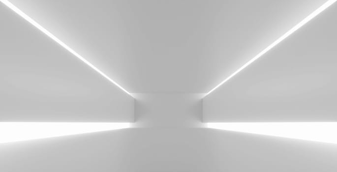 Empty room, white floor with wall for exposure.Modern futuristic technology design. 3d render