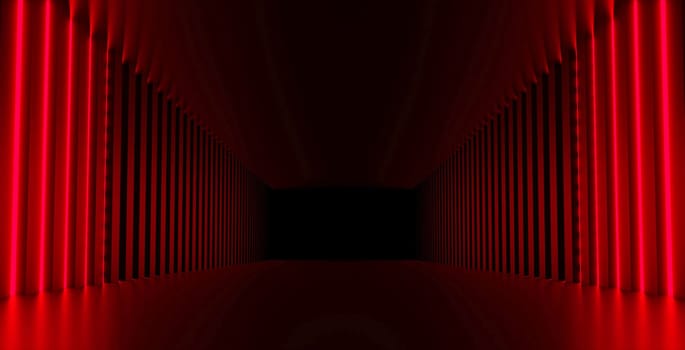 Futuristic sci-fi abstract red neon light shapes on black background and reflective concrete with blank space for 3D text rendering