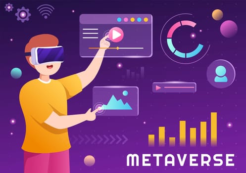 Metaverse Digital Virtual Reality Technology wears VR Glasses for Future Innovation and Communication in Hand Drawn Flat Cartoon Illustration