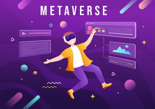 Metaverse Digital Virtual Reality Technology wears VR Glasses for Future Innovation and Communication in Hand Drawn Flat Cartoon Illustration