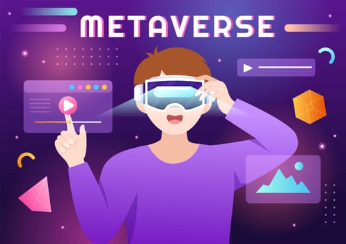 Metaverse Digital Virtual Reality Technology wears VR Glasses for Future Innovation and Communication in Hand Drawn Flat Cartoon Illustration