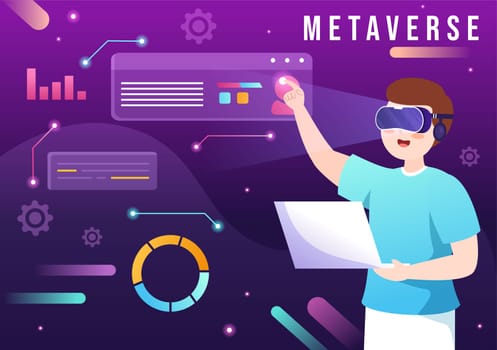 Metaverse Digital Virtual Reality Technology wears VR Glasses for Future Innovation and Communication in Hand Drawn Flat Cartoon Illustration