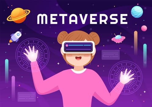 Metaverse Digital Virtual Reality Technology wears VR Glasses for Future Innovation and Communication in Hand Drawn Flat Cartoon Illustration