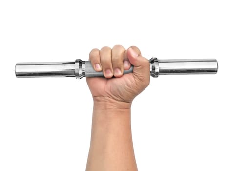 hand holding a steel bar dumbbell on a white background