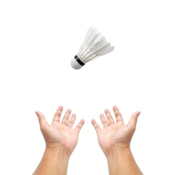 Hand holding Badminton ball on white background