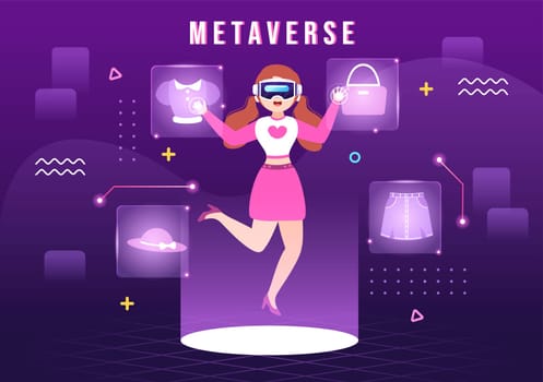 Metaverse Digital Virtual Reality Technology wears VR Glasses for Future Innovation and Communication in Hand Drawn Flat Cartoon Illustration
