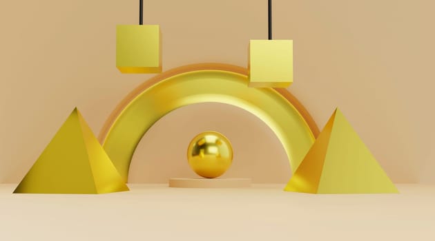 Golden geometric shapes in abstract beige floor studio room. 3d render