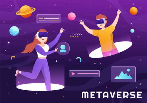 Metaverse Digital Virtual Reality Technology wears VR Glasses for Future Innovation and Communication in Hand Drawn Flat Cartoon Illustration
