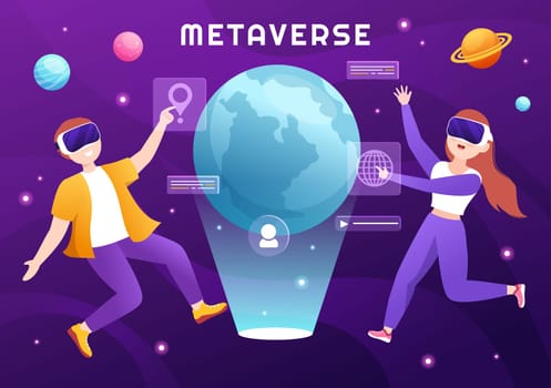 Metaverse Digital Virtual Reality Technology wears VR Glasses for Future Innovation and Communication in Hand Drawn Flat Cartoon Illustration