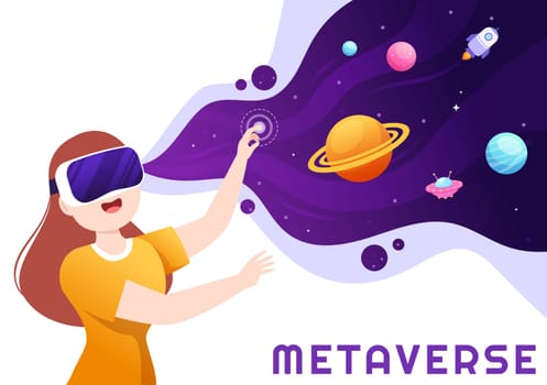 Metaverse Digital Virtual Reality Technology wears VR Glasses for Future Innovation and Communication in Hand Drawn Flat Cartoon Illustration