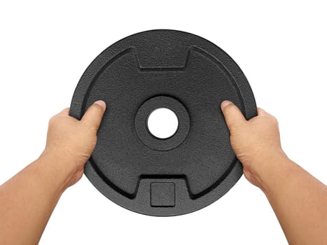 Hands holding Heavy weight plate isolated on white background