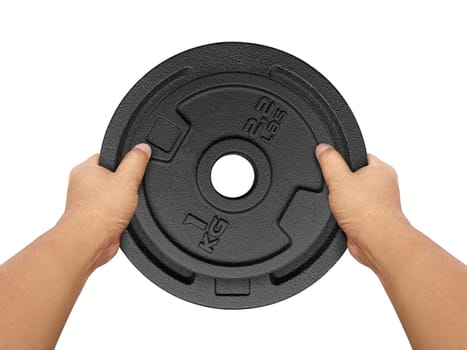 Hands holding Heavy weight plate isolated on white background