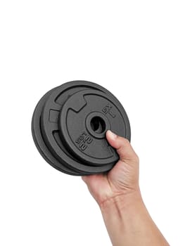 Heavy weight plate, in hand on white background