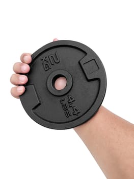 Heavy weight plate, in hand on white background