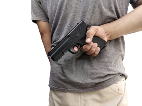 Man holding a gun in his hand with white background
