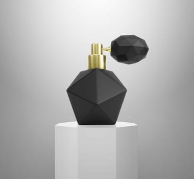 Perfume bottle 3d render exhibit displays. Spotlight illuminates pedestal