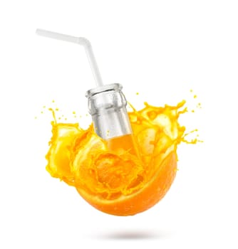 Orange juice bottle with white straw splash orange juice isolated on white