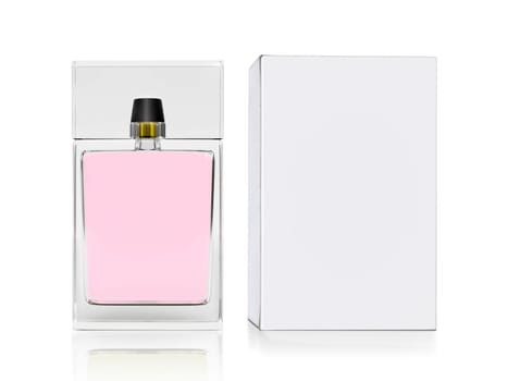 Perfume bottle and white packaging box