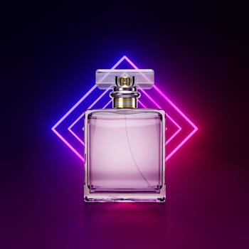 Perfume bottle on a background 3d render, glowing lines, tunnel, neon lights