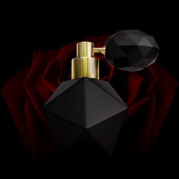 Perfume bottle on background rose in the dark red tone