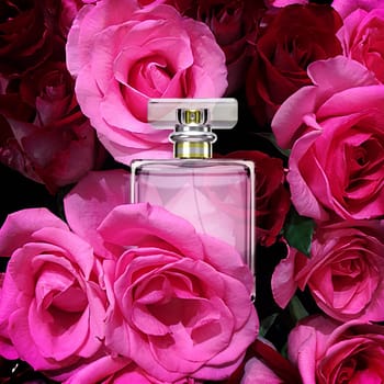 Perfume bottle on roses wall background colorful