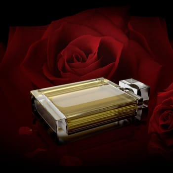Perfume bottle on background rose in the dark red tone