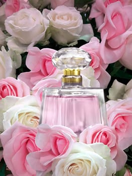 Perfume bottle on roses wall background colorful