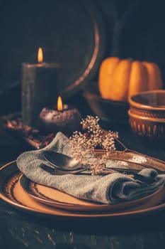 Restaurant autumn table setting. Thanksgiving holiday Place setting autumn decoration.