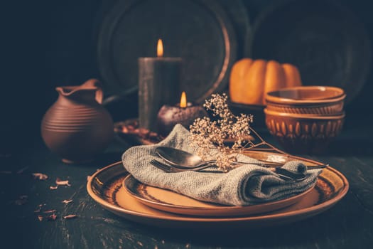 Restaurant autumn table setting. Thanksgiving holiday Place setting autumn decoration.
