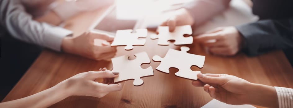 Buisnesswomen and buisnessmen working together while putting together puzzles. Concept of teamwork and cooperation in business