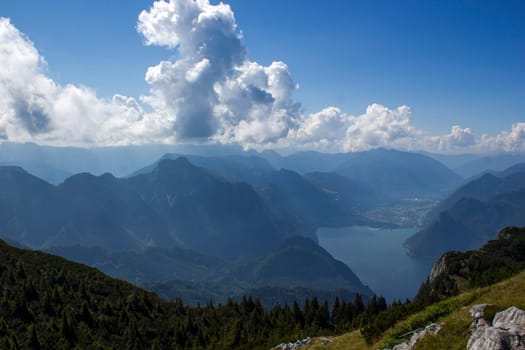 Lake Traunsee and Alps seen from Traunstein, Upper Austria, Austria