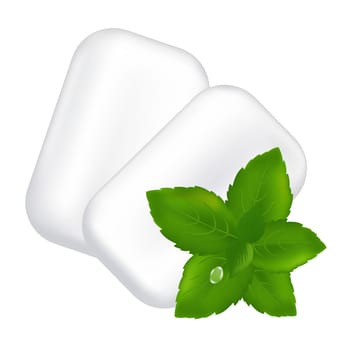Chewing Gum And Fresh Mint Leaves, Isolated On White Background, Vector Illustration