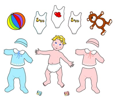 Vector illustration that depicts a baby and his clothes by male and female.