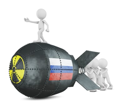 Little men are pushing a nuclear bomb with the image of the Russian flag. 3d render.
