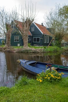 Traditional Houses in the Historic Village of Zaanse Schans on the Zaan River in the Netherlands