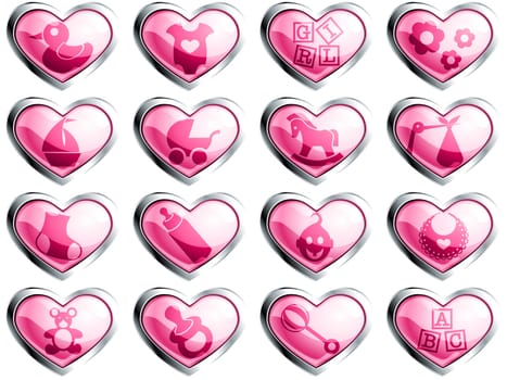 16 glossy heart-shaped baby themed buttons. Graphics are grouped and in several layers for easy editing. The file can be scaled to any size.