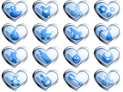 16 glossy heart-shaped baby themed buttons. Graphics are grouped and in several layers for easy editing. The file can be scaled to any size.