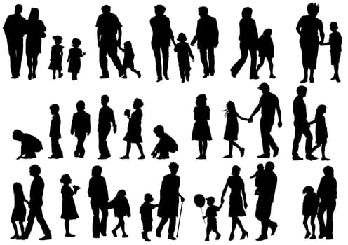 Vector drawing of parents with children. Silhouettes on white background