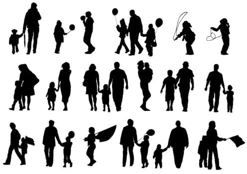 Vector drawing of parents with children. Silhouettes on white background