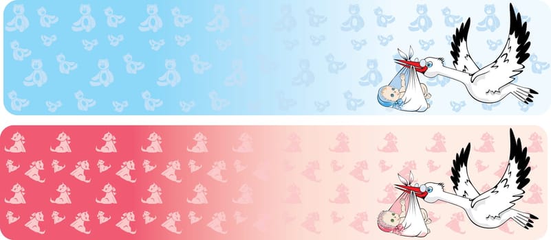 Vector illustration of two banners with stork delivering newborn baby