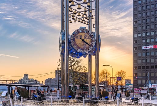 tokyo, nakano - dec 25 2020:Clock monument of the Sun plaza building at the north exit of Nakano Station at sunset.