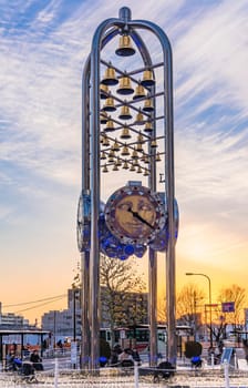 tokyo, nakano - dec 25 2020:Clock monument of the Sun plaza building at the north exit of Nakano Station at sunset.