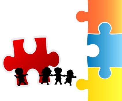 children trying to make a puzzle