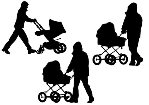 Vector drawing his father with a baby carriage. Silhouettes on white background