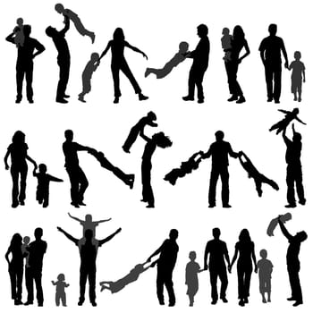 Big collect vector Silhouette Happy Family with child on walk, Illustration for Design