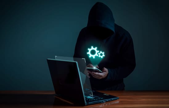 Hackers spy on cell phones. Concept of information security system in internet network and information espionage.